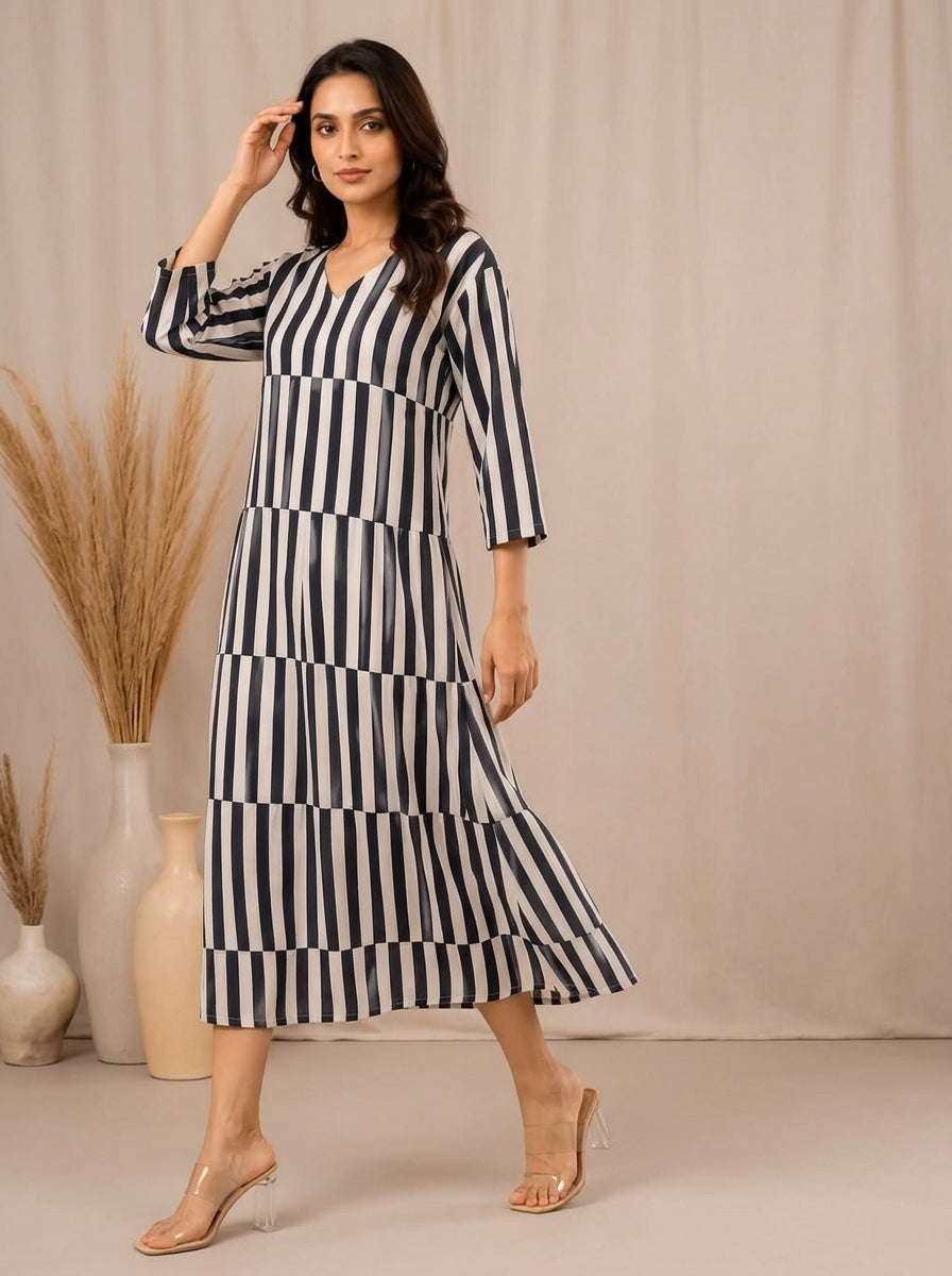 Monochrome Striped Tiered One-Piece Dress
