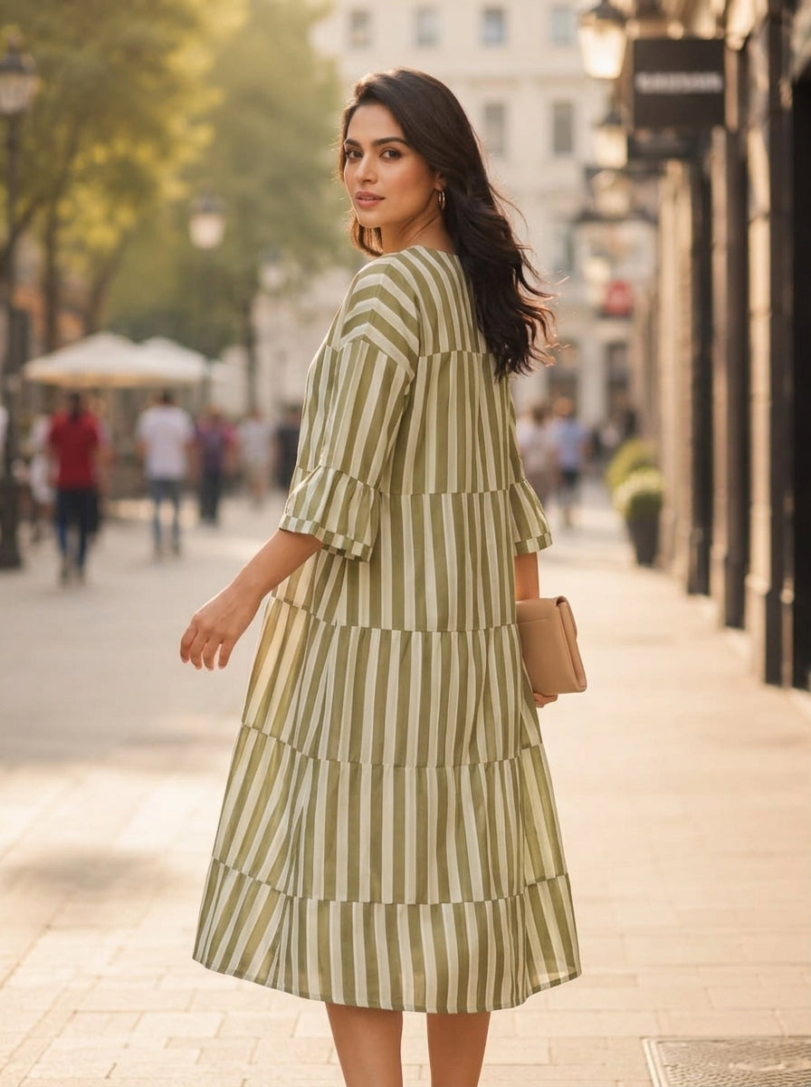 Sage Striped Tiered One-Piece Dress