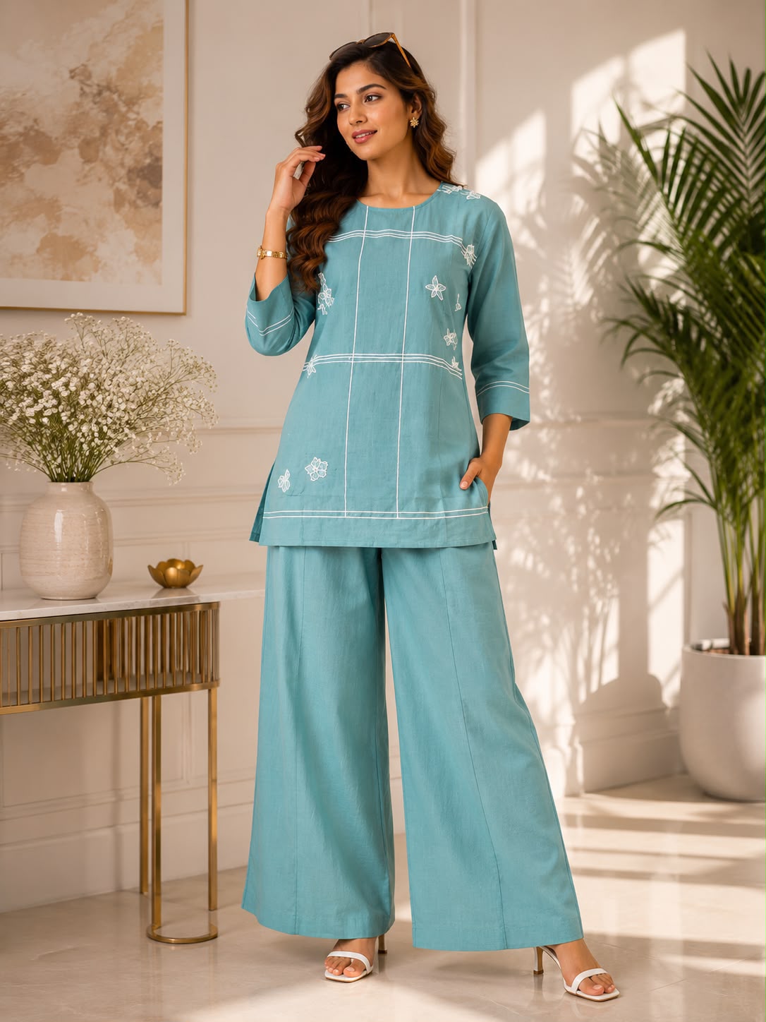 Aqua Bloom Embroidered Co-ord Set