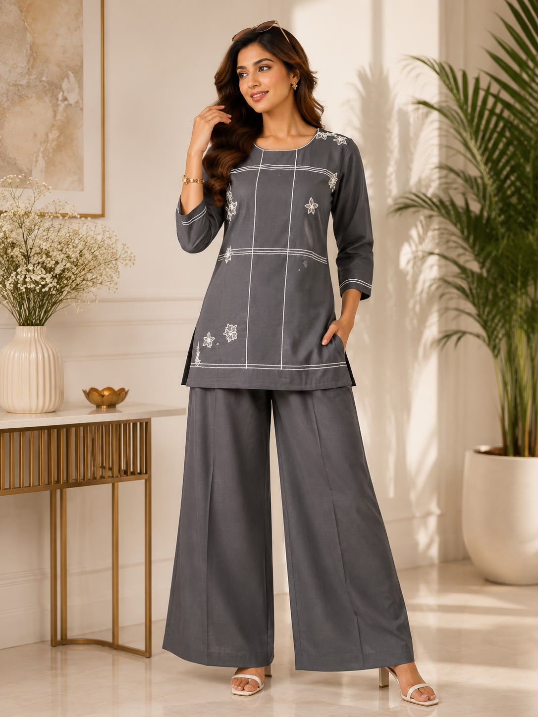 Charcoal Bloom Embroidered Co-ord Set
