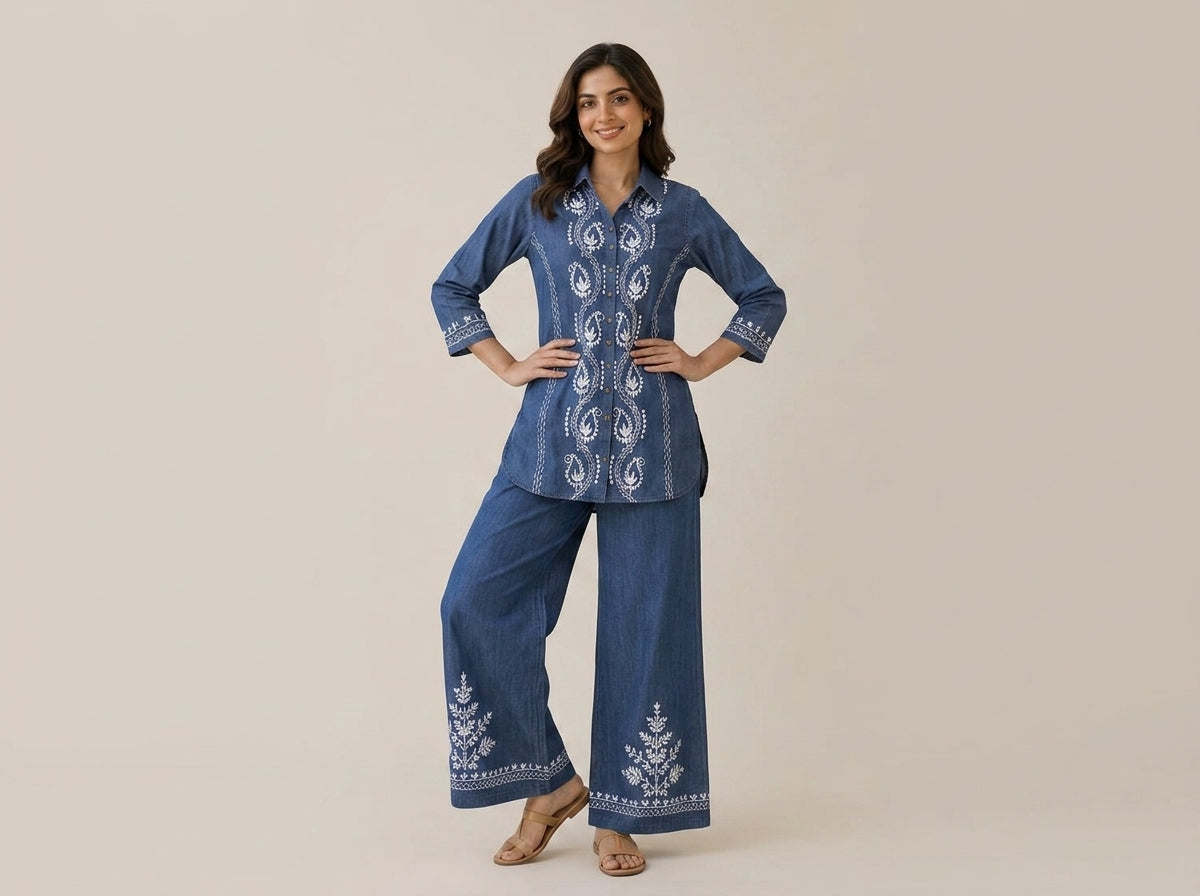Denim Co-Ord set with white embroidery