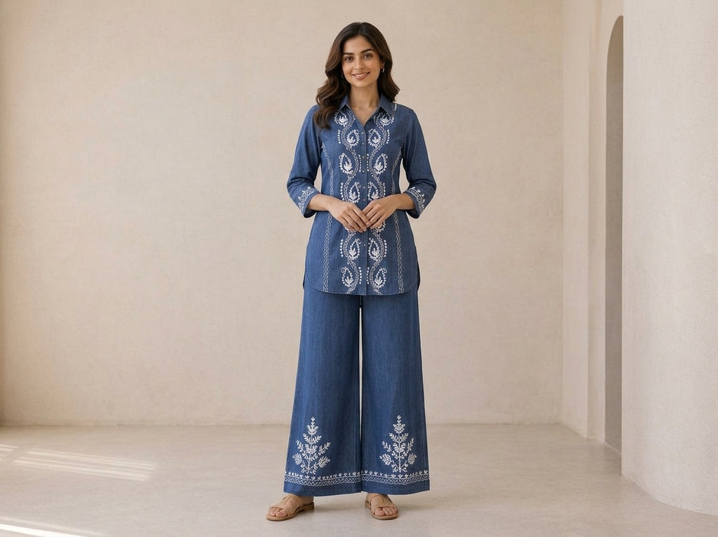 Denim Co-Ord set with white embroidery